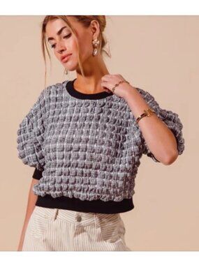 Maeve Anthropologie XL Textured Puff short Sleeve Sweater In Black & White